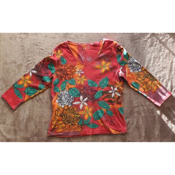 Floral Pattern V-Neck Long Sleeve Women Top Vibrant Multicolor Design - Picture 7 of 7